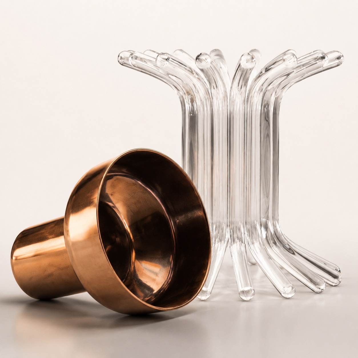 Copper Bloom vessel in transparent glass and polished copper, view 2