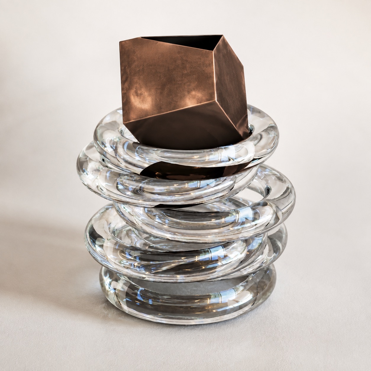 Copper Bloom vessel in transparent glass and polished copper, view 4
