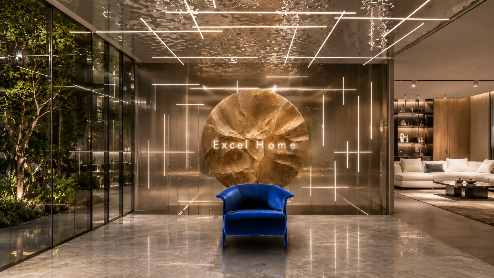 Excel Home showroom entrance with a blue lounge chair and circular stone feature