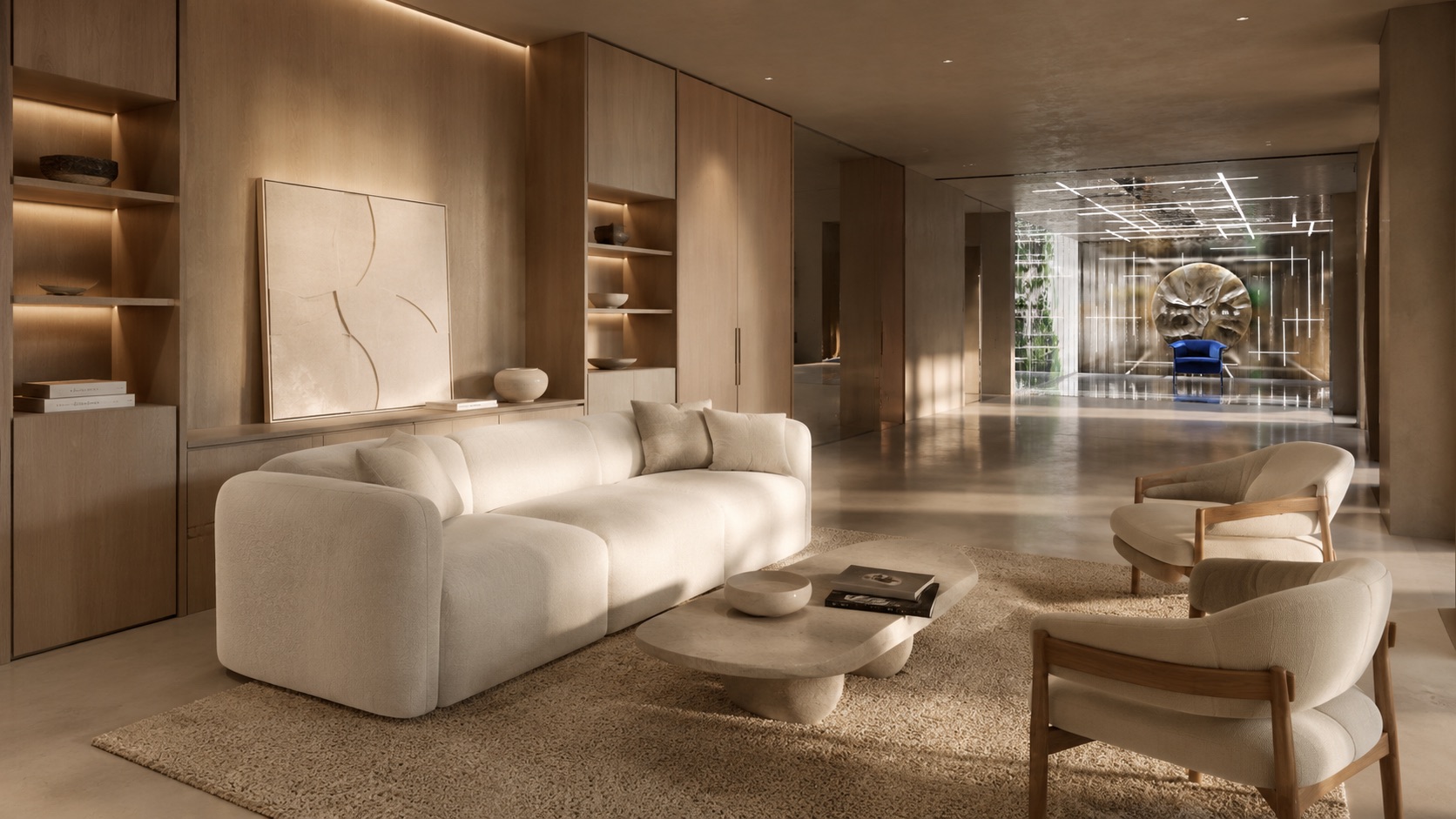 Excel Home showroom entrance with a blue lounge chair and circular stone feature, view 3