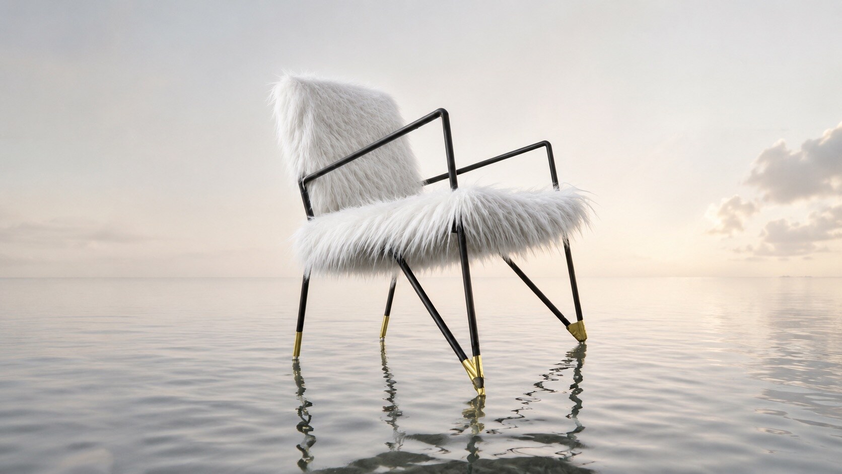 Fur Chair with white tactile upholstery and black metal frame