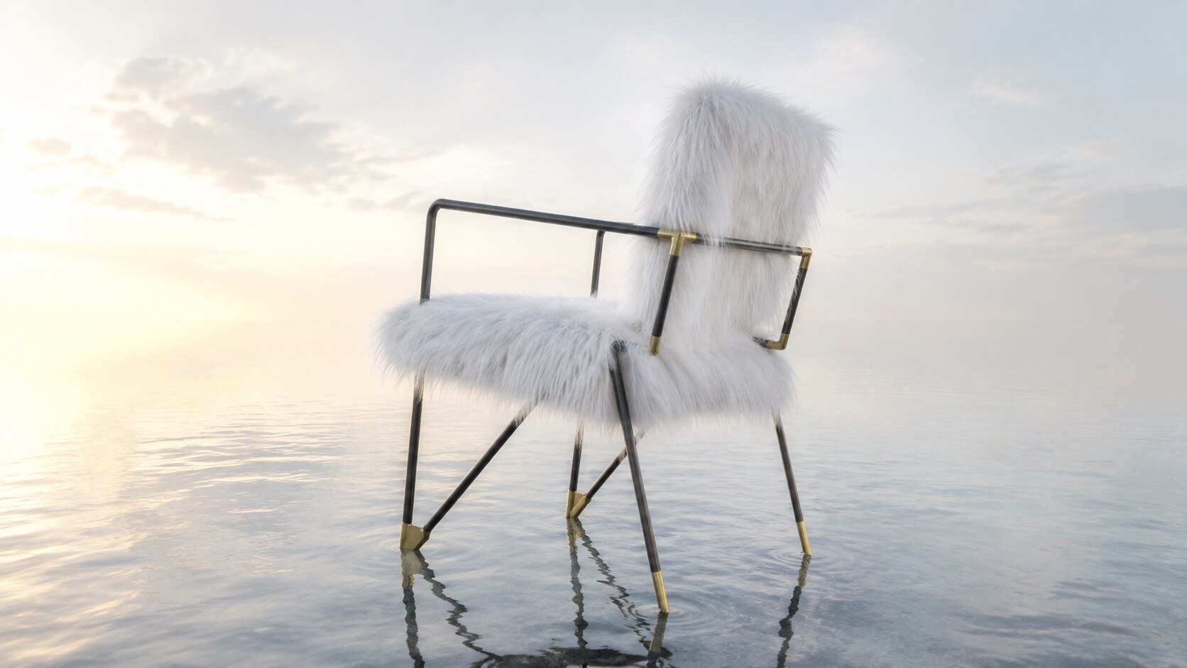 Fur Chair with white tactile upholstery and black metal frame, view 2