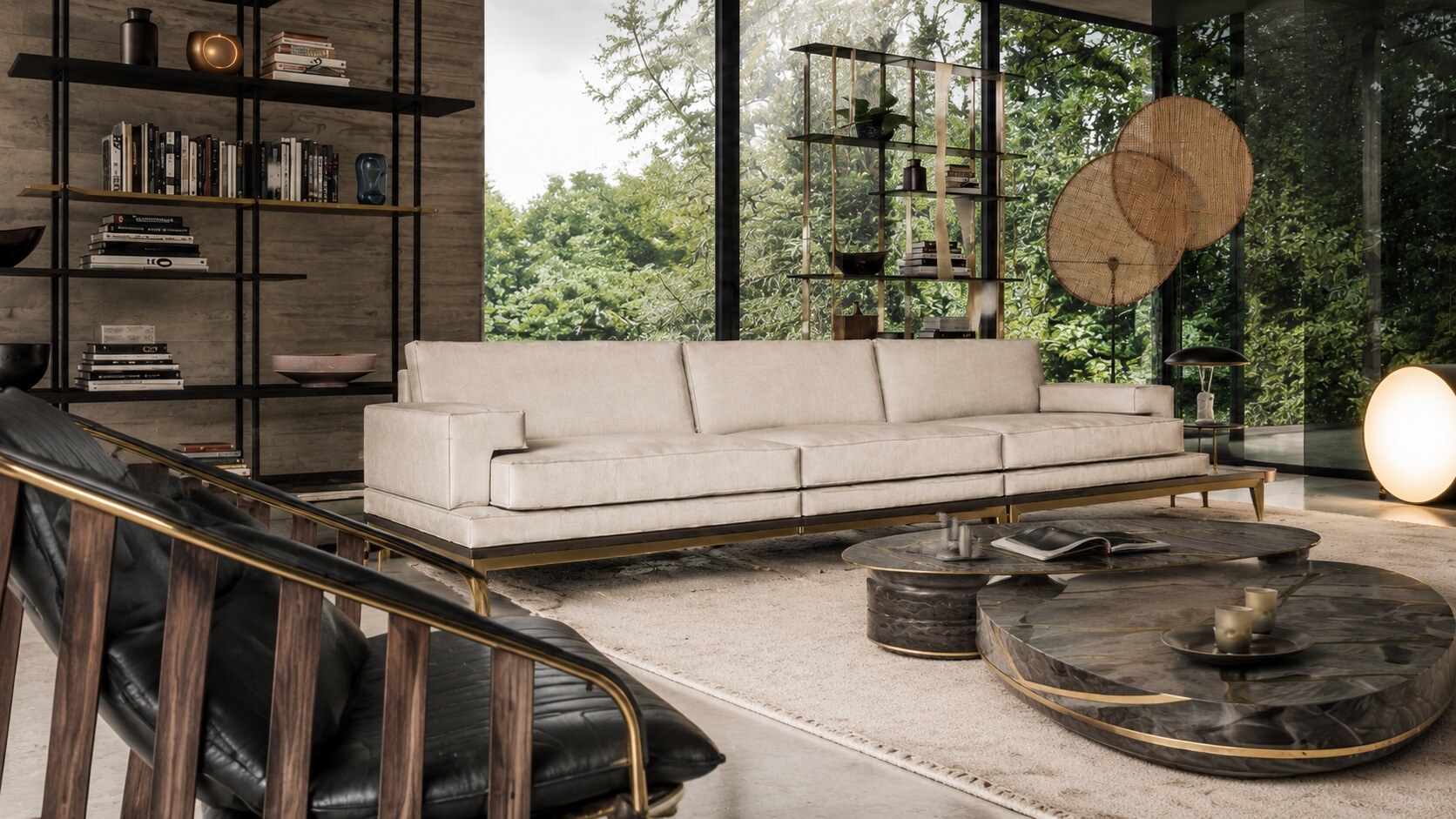 Linear Balance living collection in pale upholstery and dark metal
