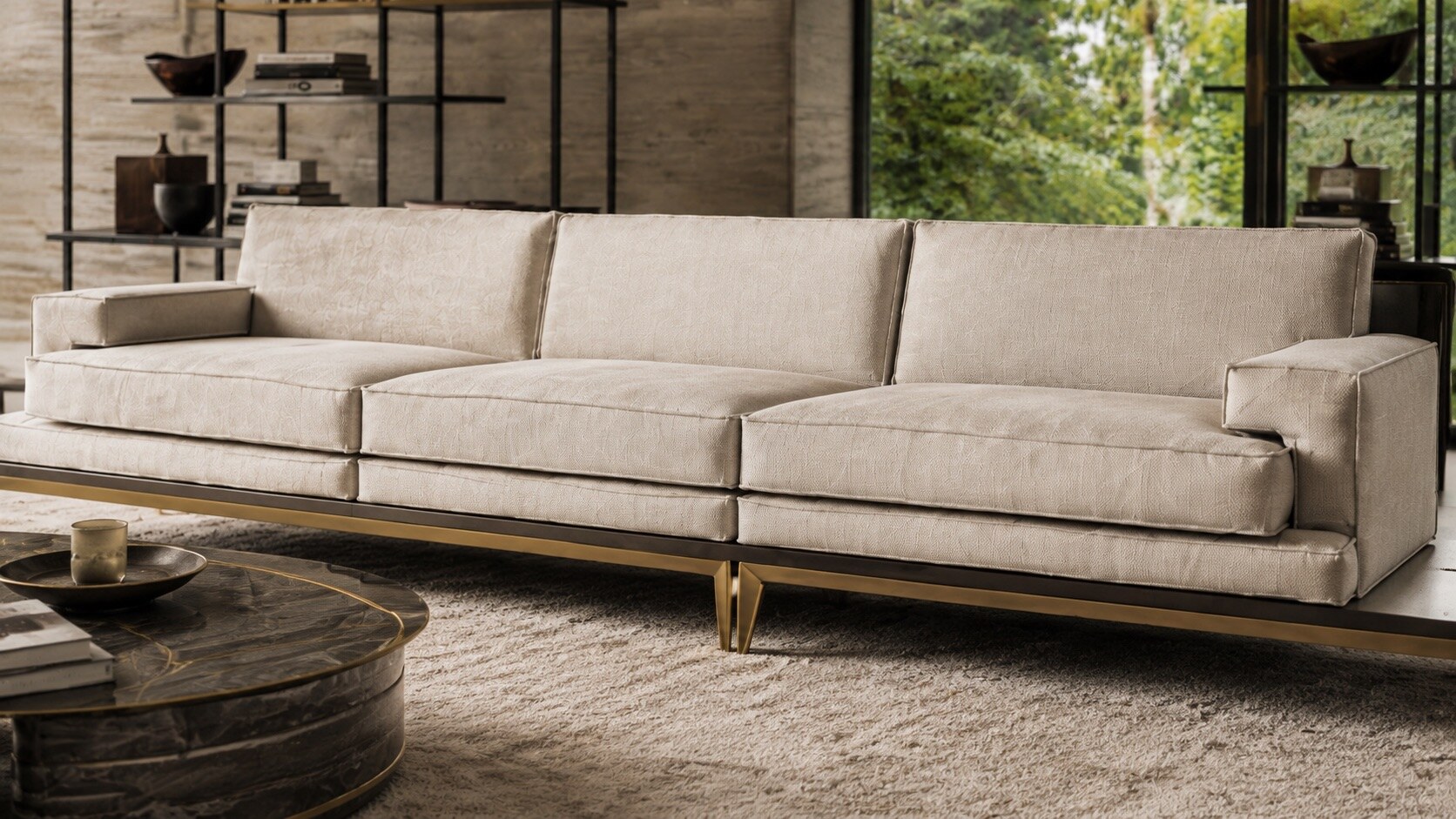 Linear Balance living collection in pale upholstery and dark metal, view 2