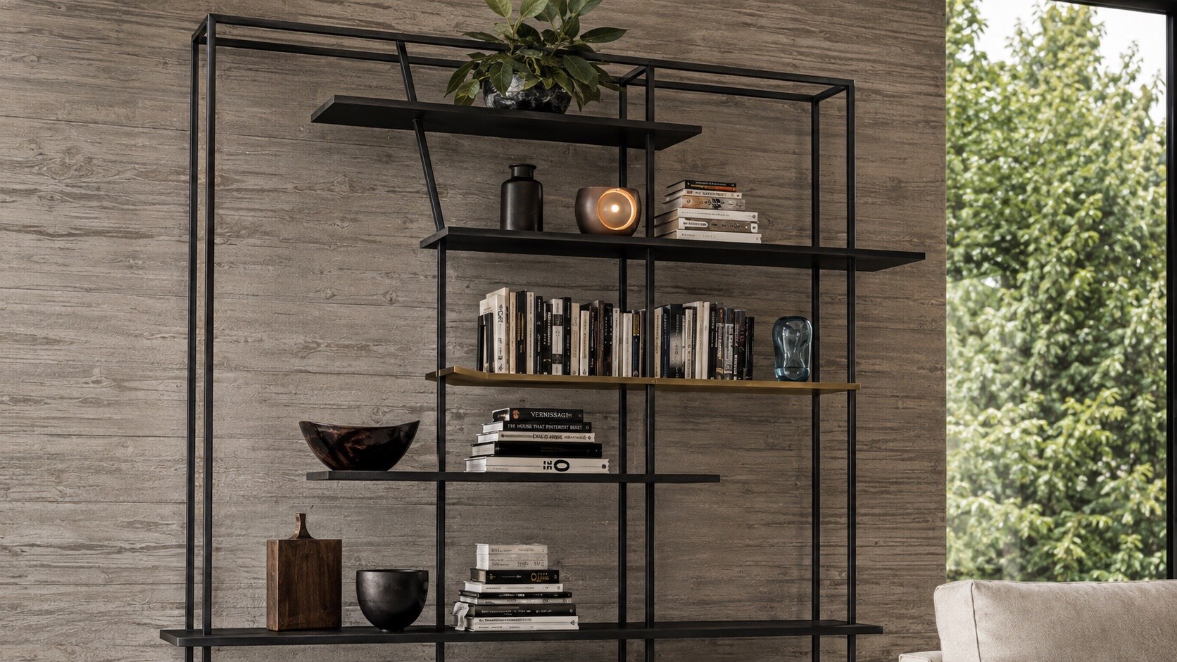 Linear Balance living collection in pale upholstery and dark metal, view 4