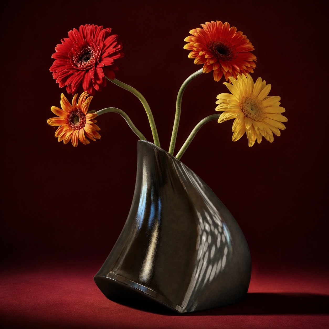 Oblique Vessels faceted vase collection in reflective black and gold