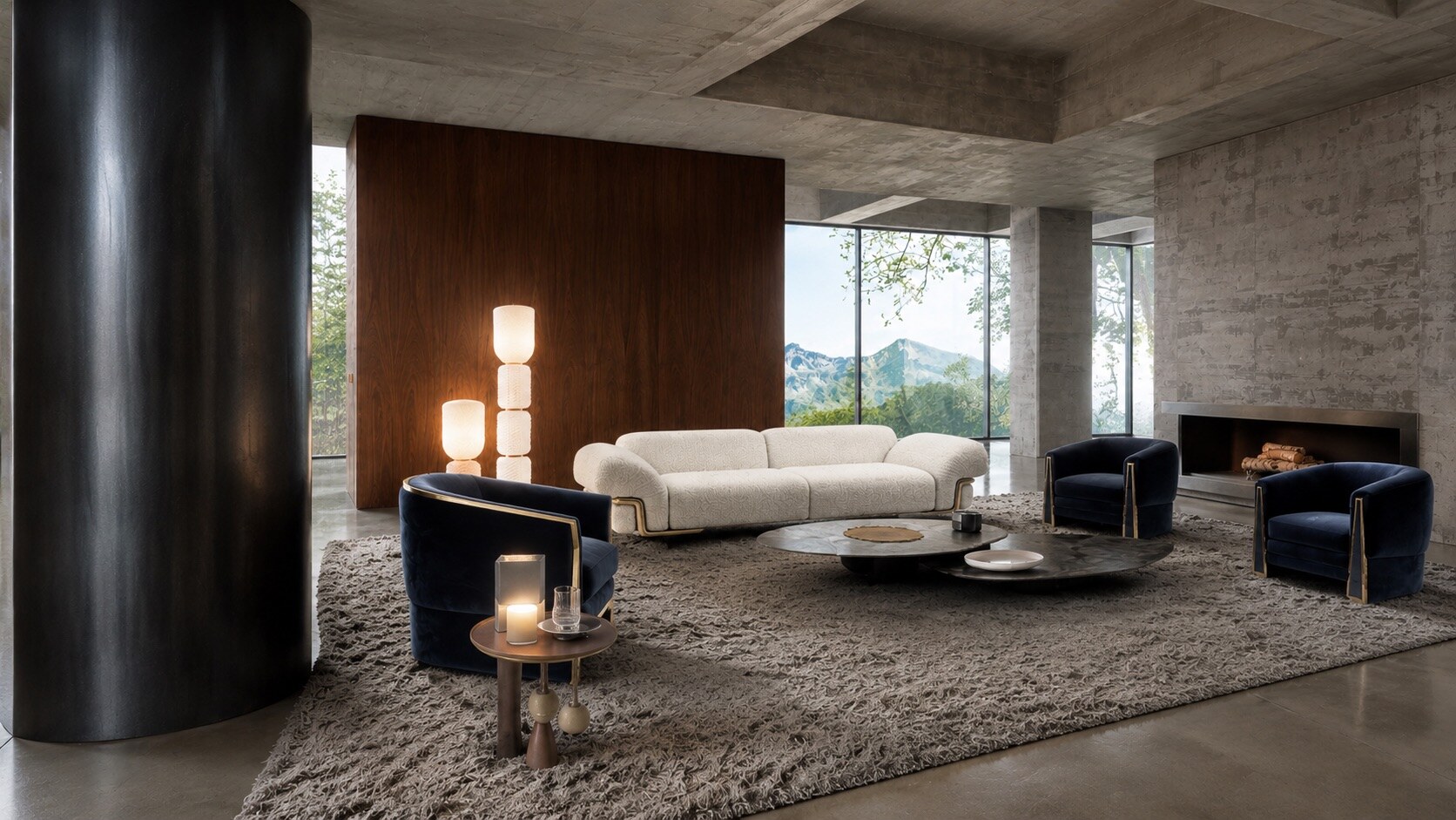 Quiet Geometry living collection in blue velvet, timber and stone