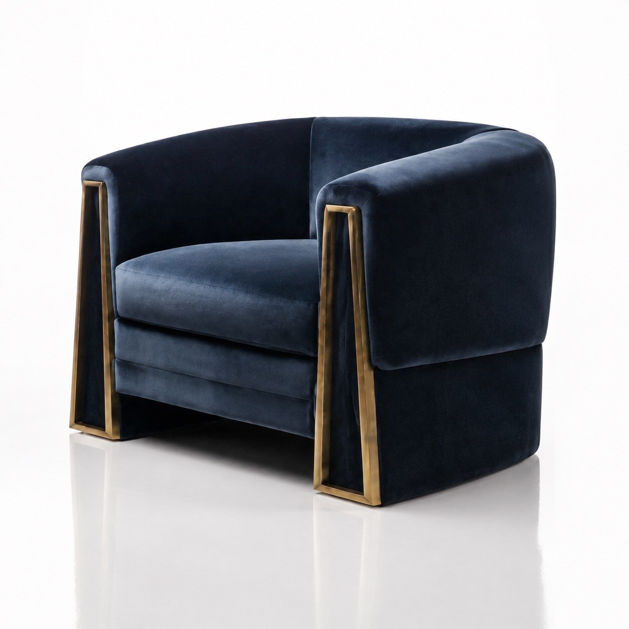 Quiet Geometry living collection in blue velvet, timber and stone, view 2