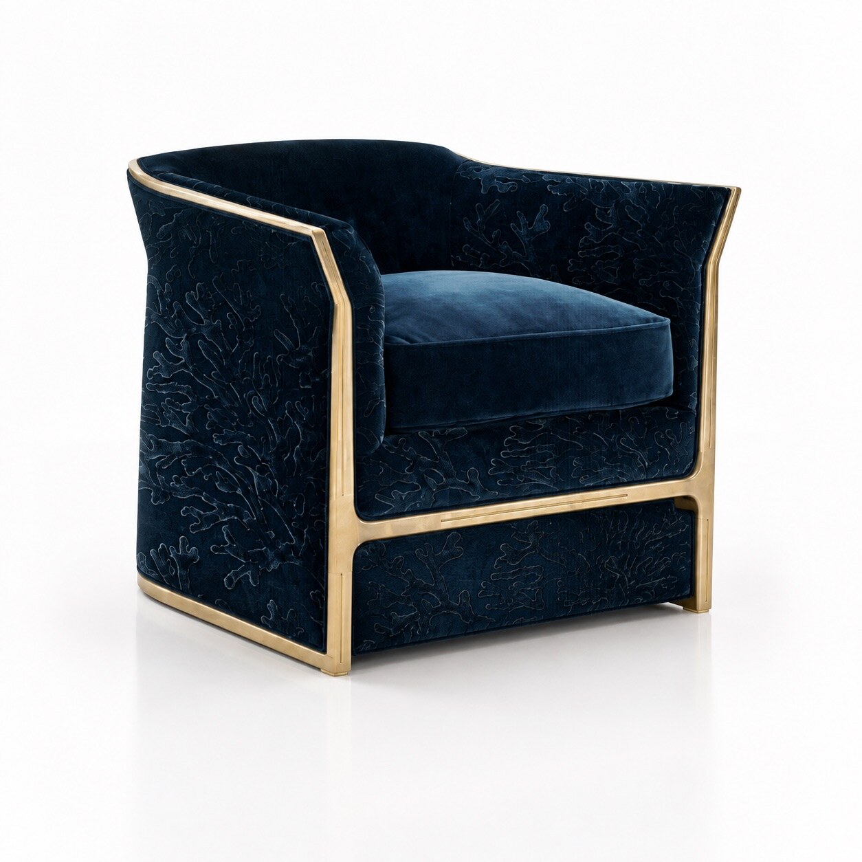 Quiet Geometry living collection in blue velvet, timber and stone, view 3