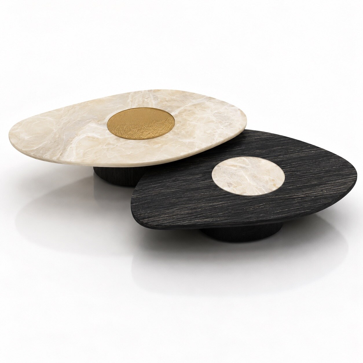 Quiet Geometry living collection in blue velvet, timber and stone, view 4
