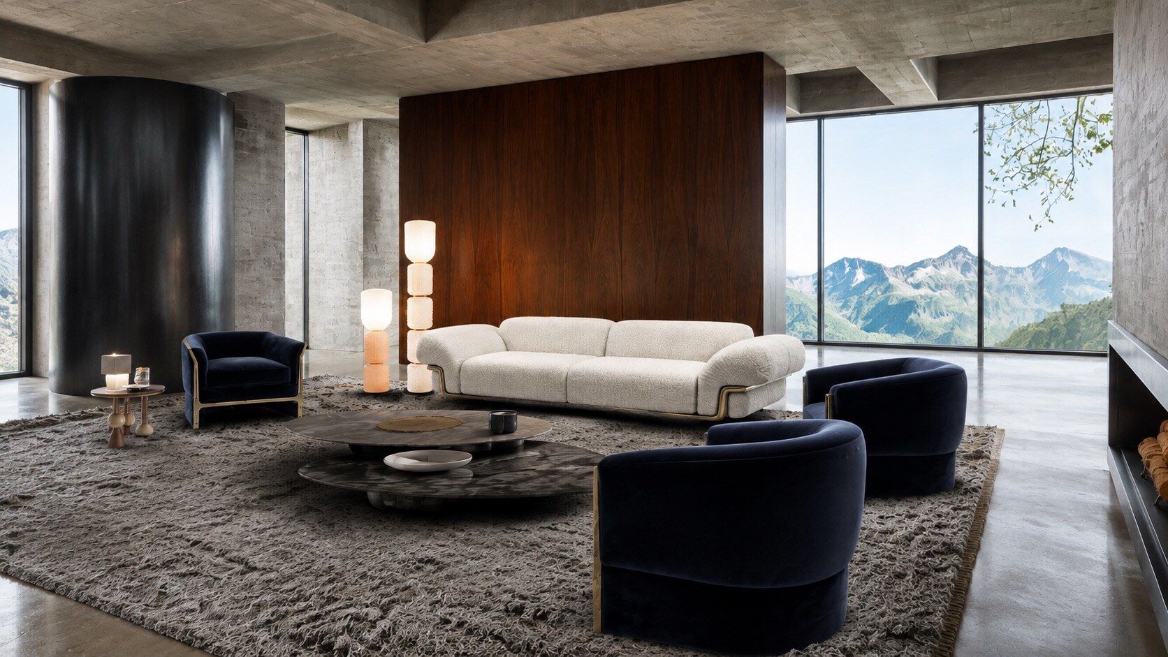 Quiet Geometry living collection in blue velvet, timber and stone, view 6