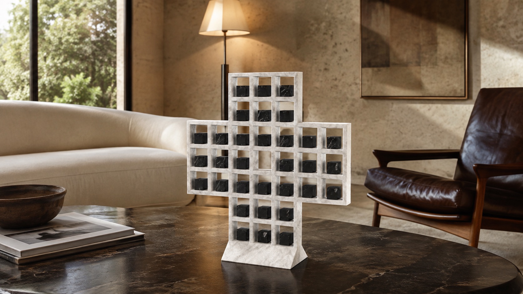 Standing Grid sculptural object in white stone with dark cubes