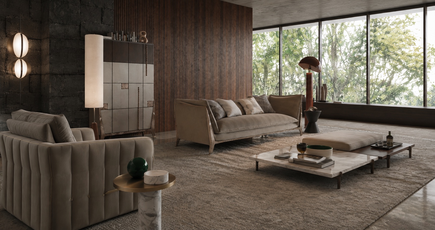 Tailored Frame living collection in dark timber and neutral upholstery