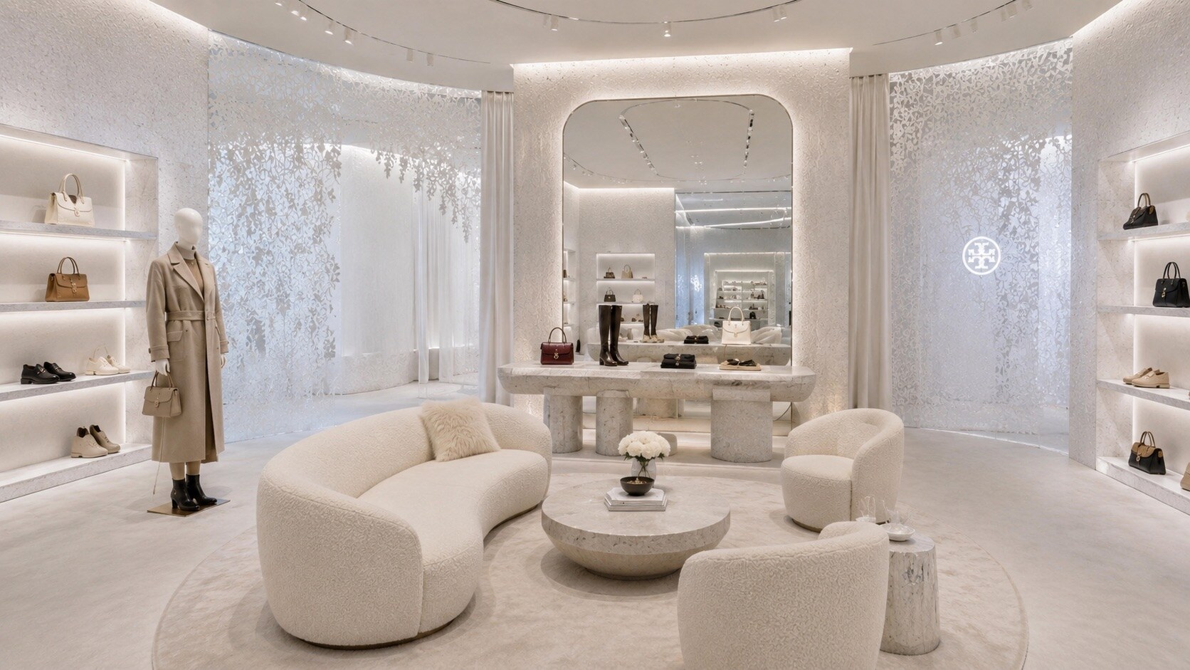 Tory Burch winter retail interior in textured white