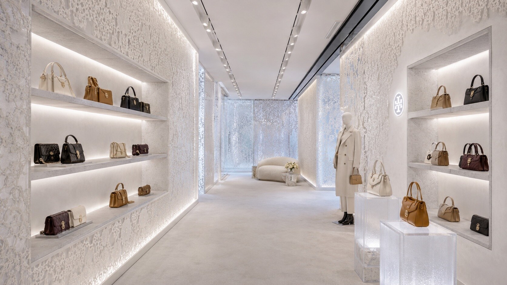 Tory Burch winter retail interior in textured white, view 2