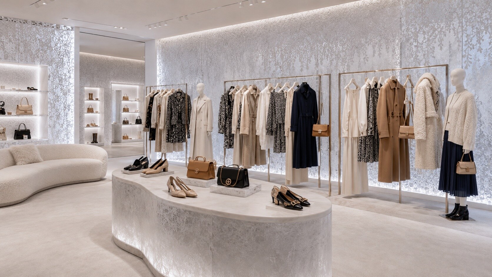 Tory Burch winter retail interior in textured white, view 3