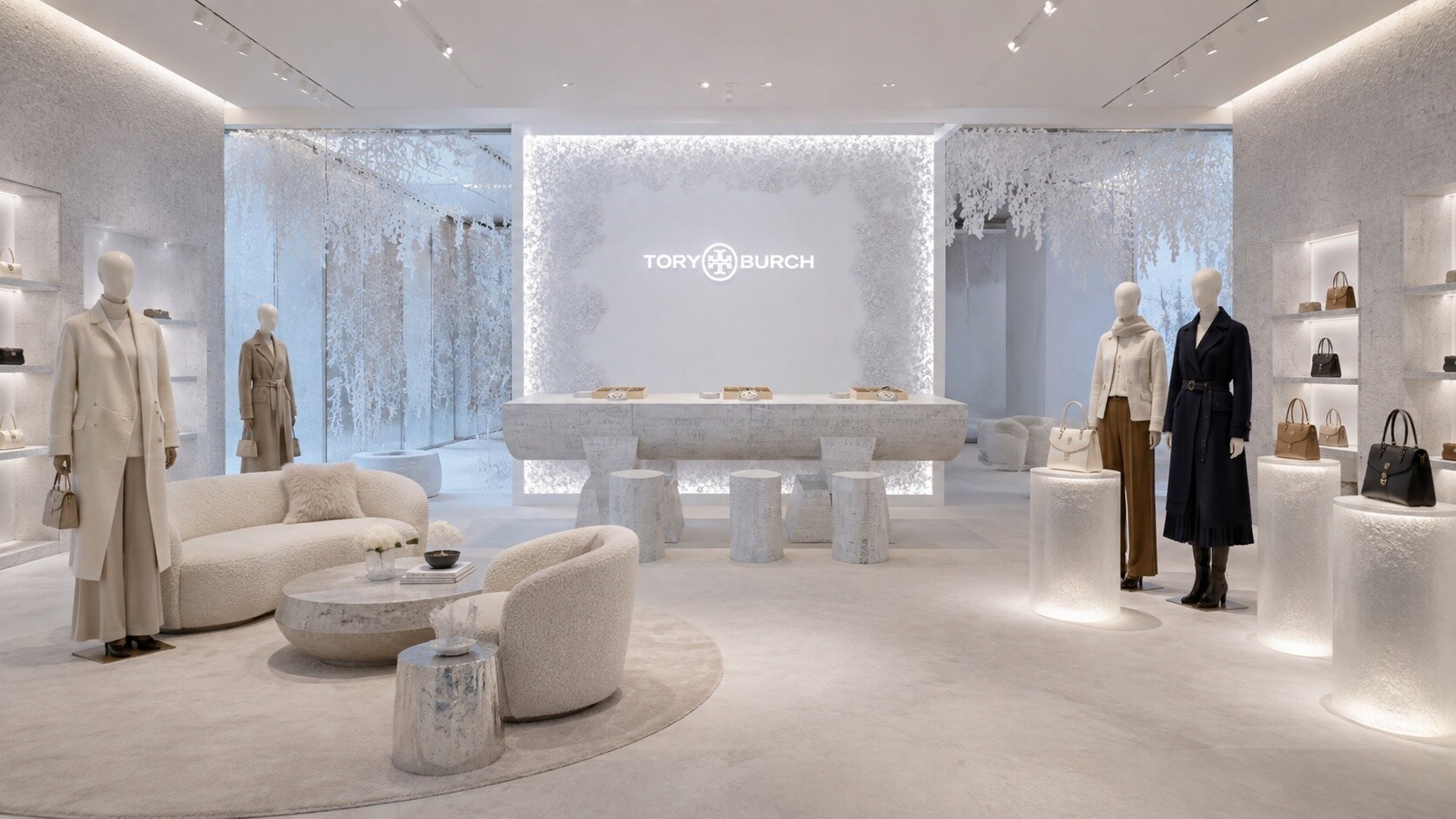 Tory Burch winter retail interior in textured white, view 4