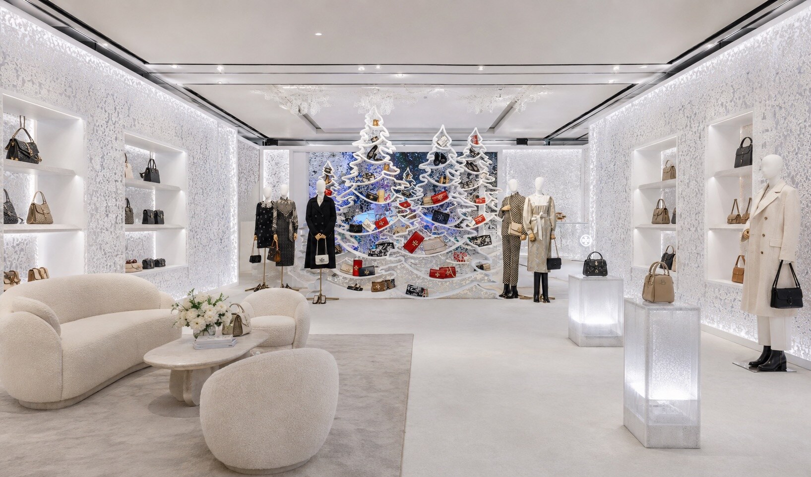 Tory Burch winter retail interior in textured white, view 5