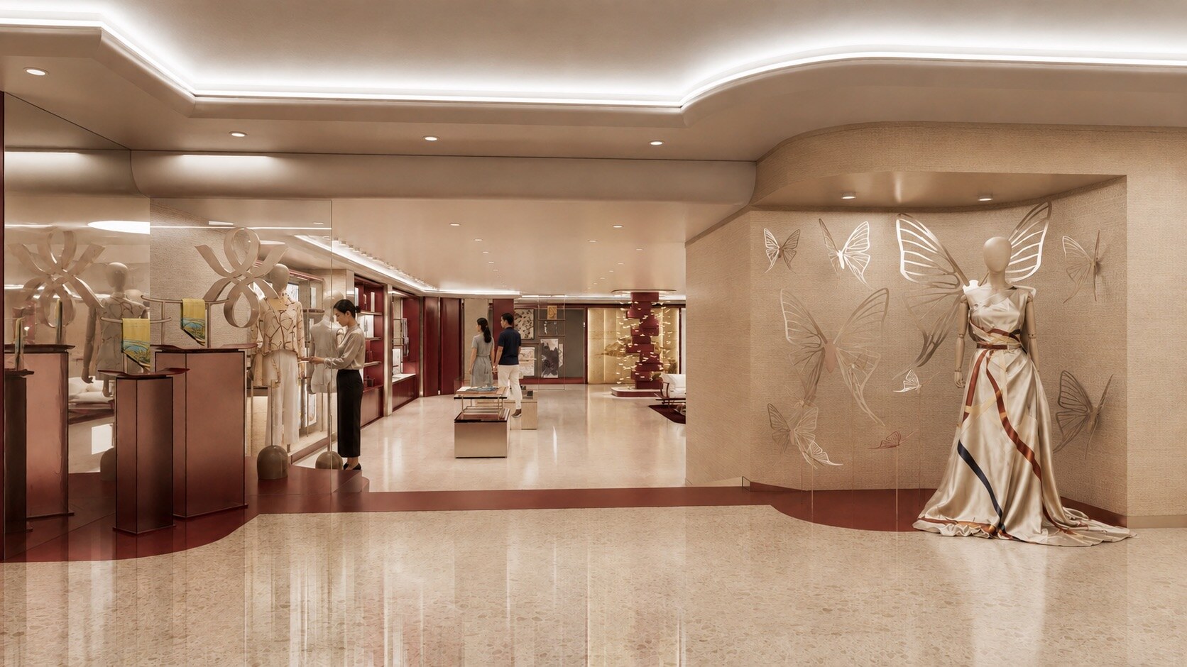 WENSLI silk flagship interior in warm stone and burgundy, view 3