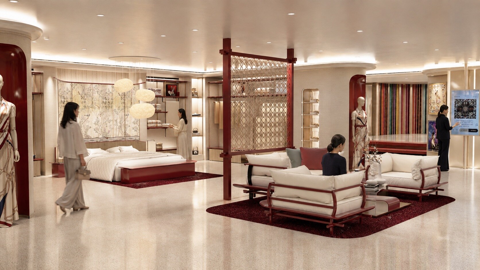 WENSLI silk flagship interior in warm stone and burgundy, view 4