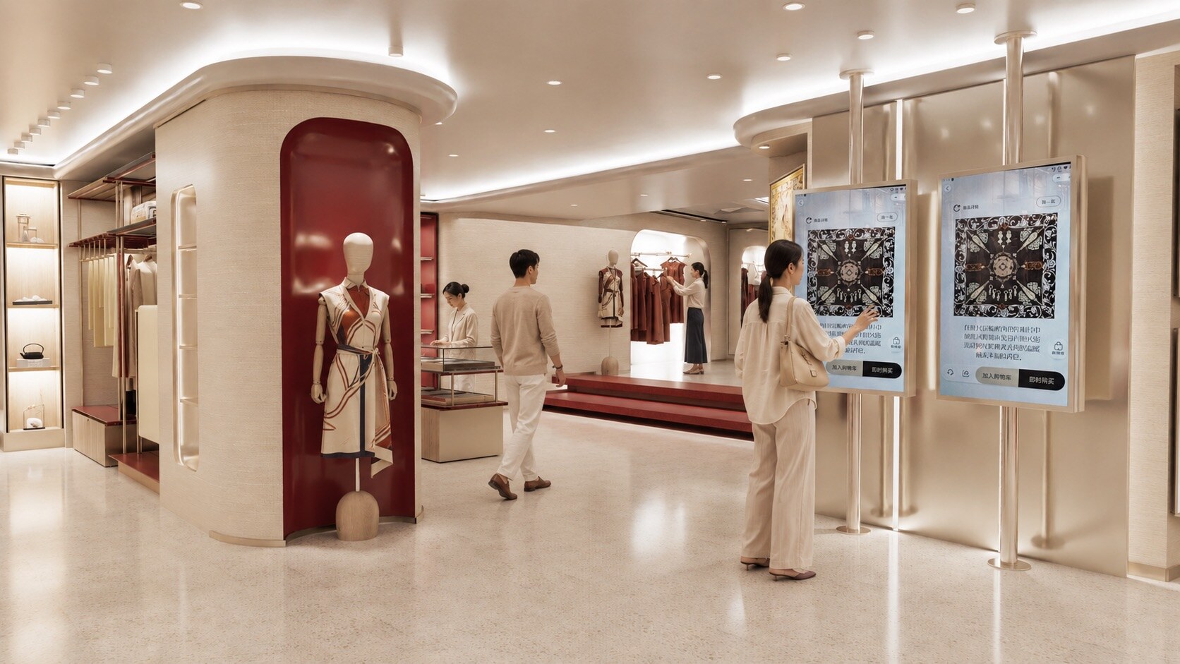 WENSLI silk flagship interior in warm stone and burgundy, view 5