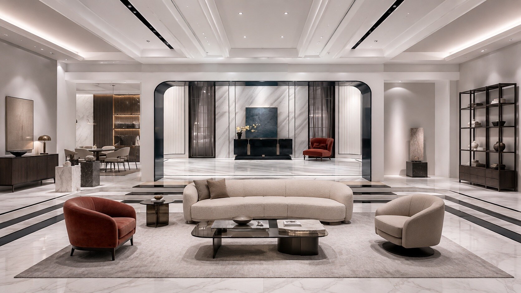 Yuexing furniture showroom with warm timber and pale stone