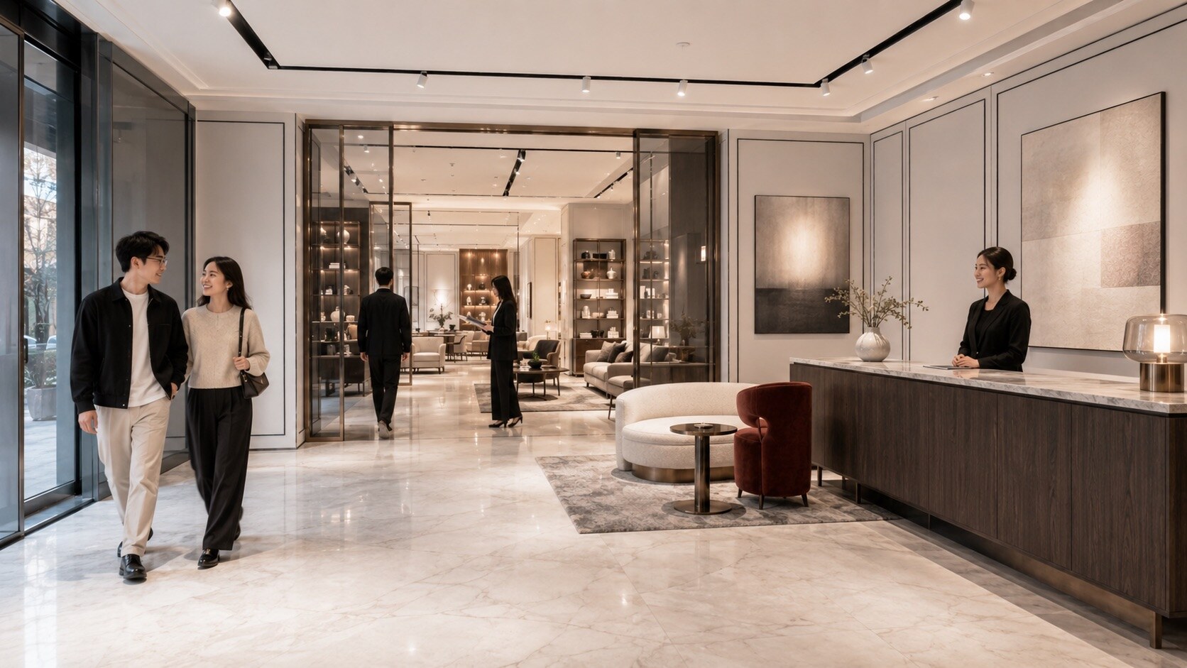 Yuexing furniture showroom with warm timber and pale stone, view 2