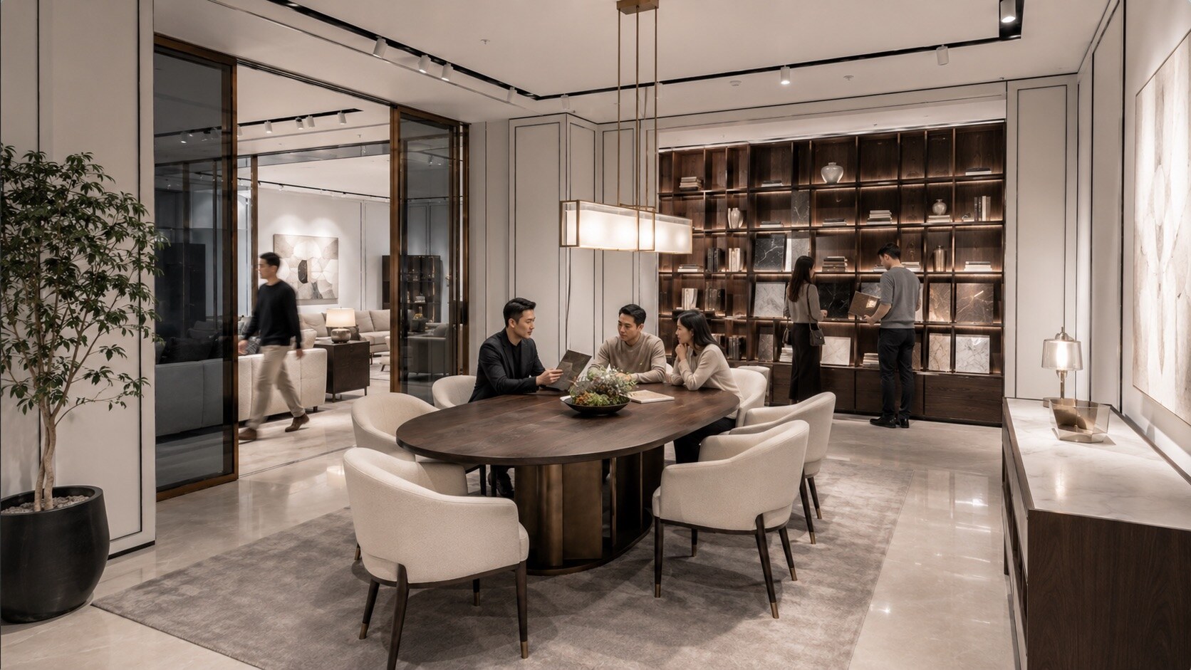 Yuexing furniture showroom with warm timber and pale stone, view 3
