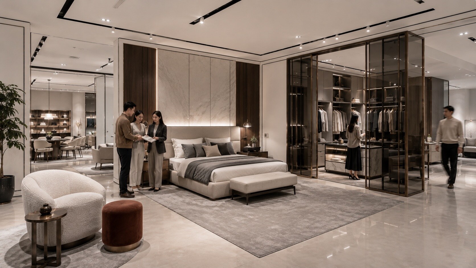 Yuexing furniture showroom with warm timber and pale stone, view 4