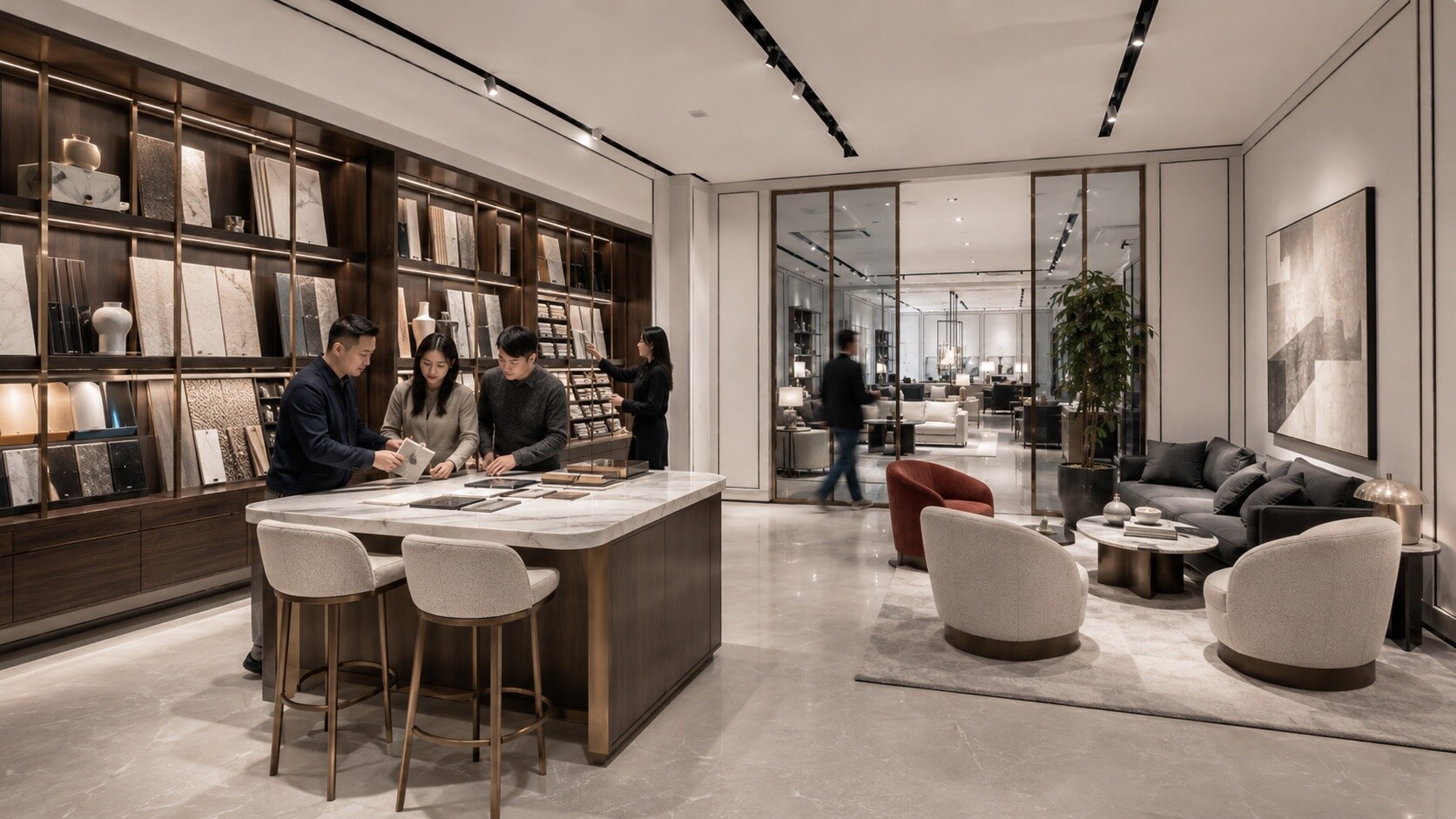 Yuexing furniture showroom with warm timber and pale stone, view 5