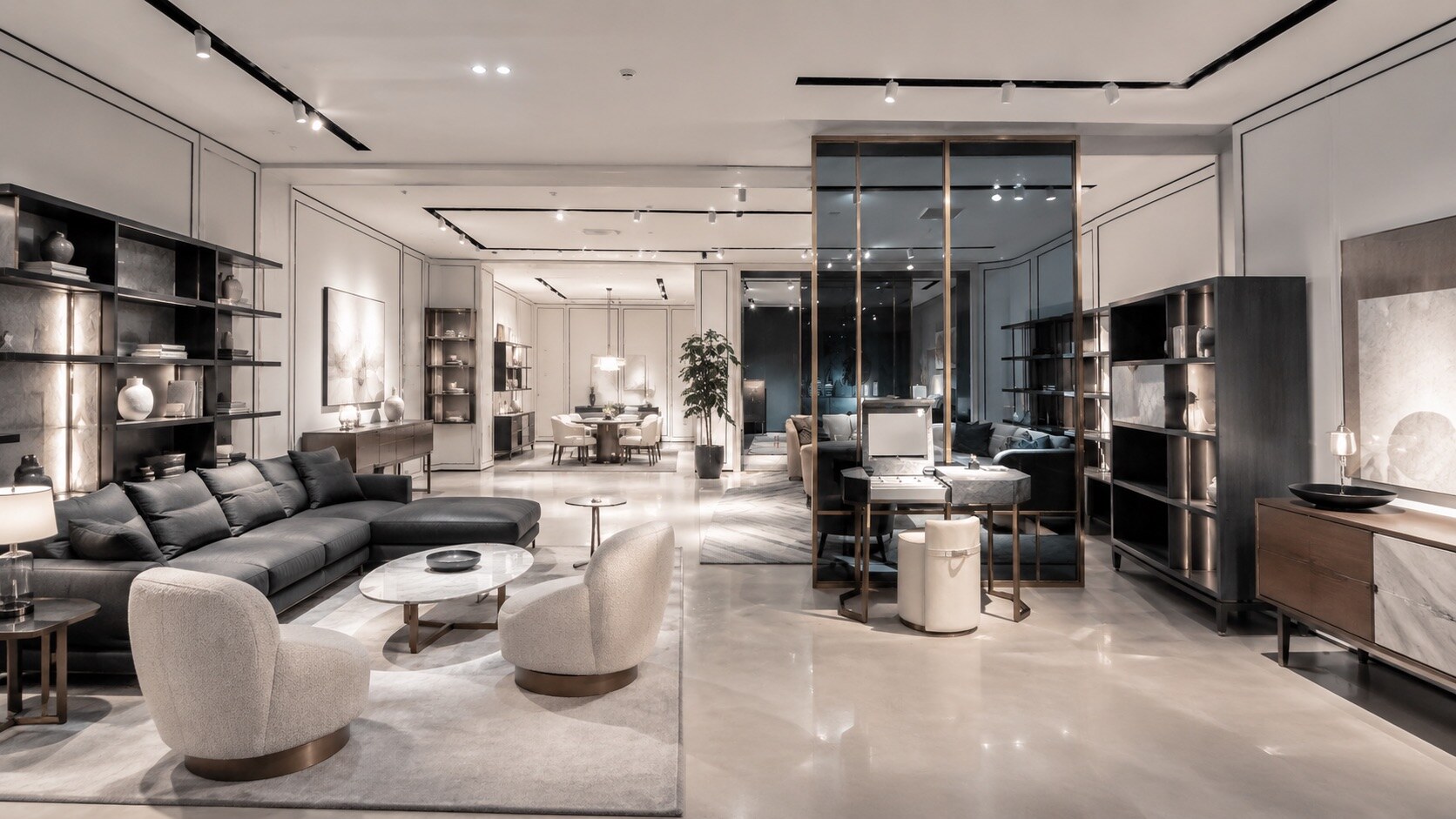 Yuexing furniture showroom with warm timber and pale stone, view 6